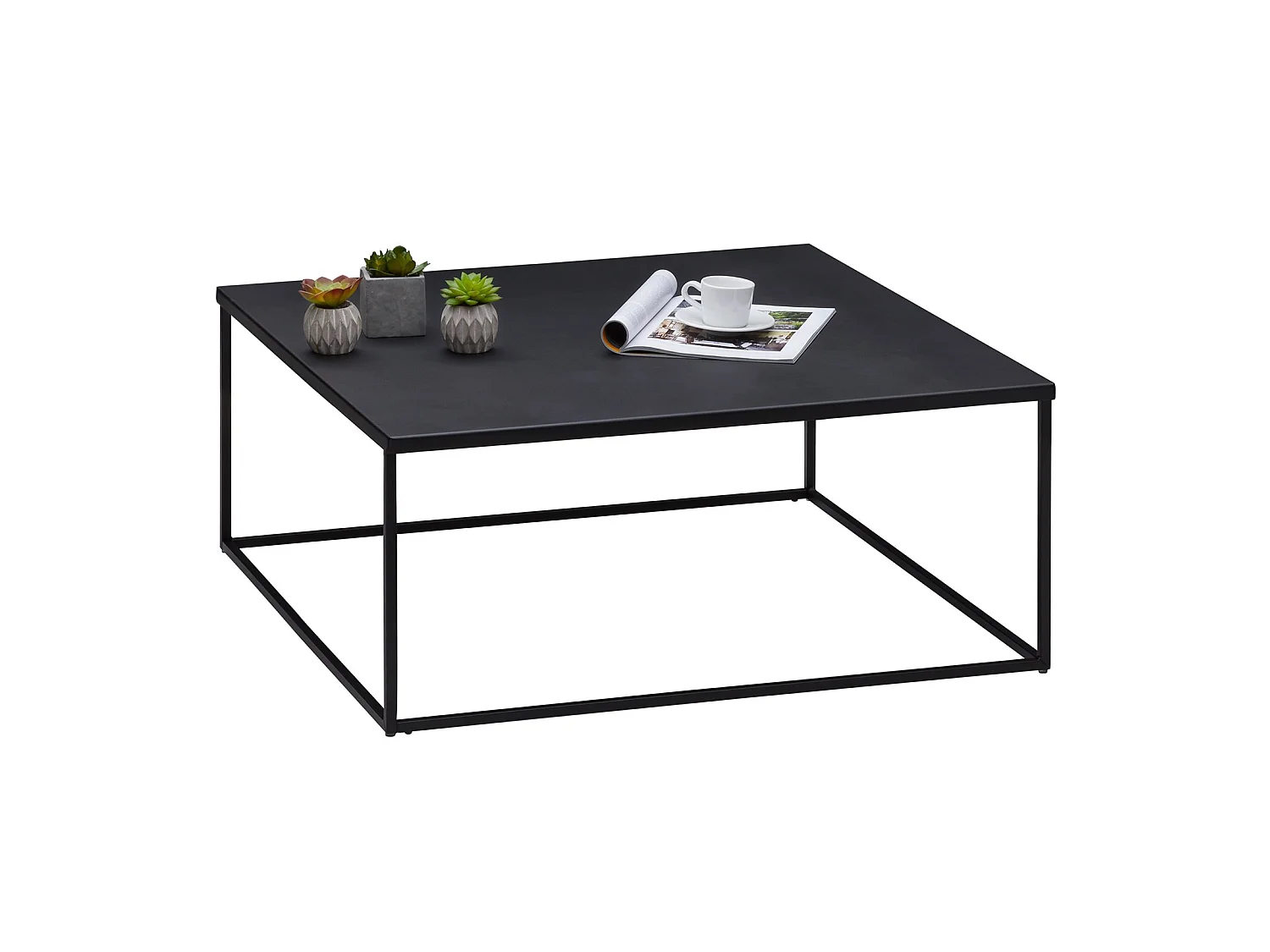 Table basse HILAR table de salon grande table d'appoint design retro vintage industriel, plateau carré en métal laqué noir