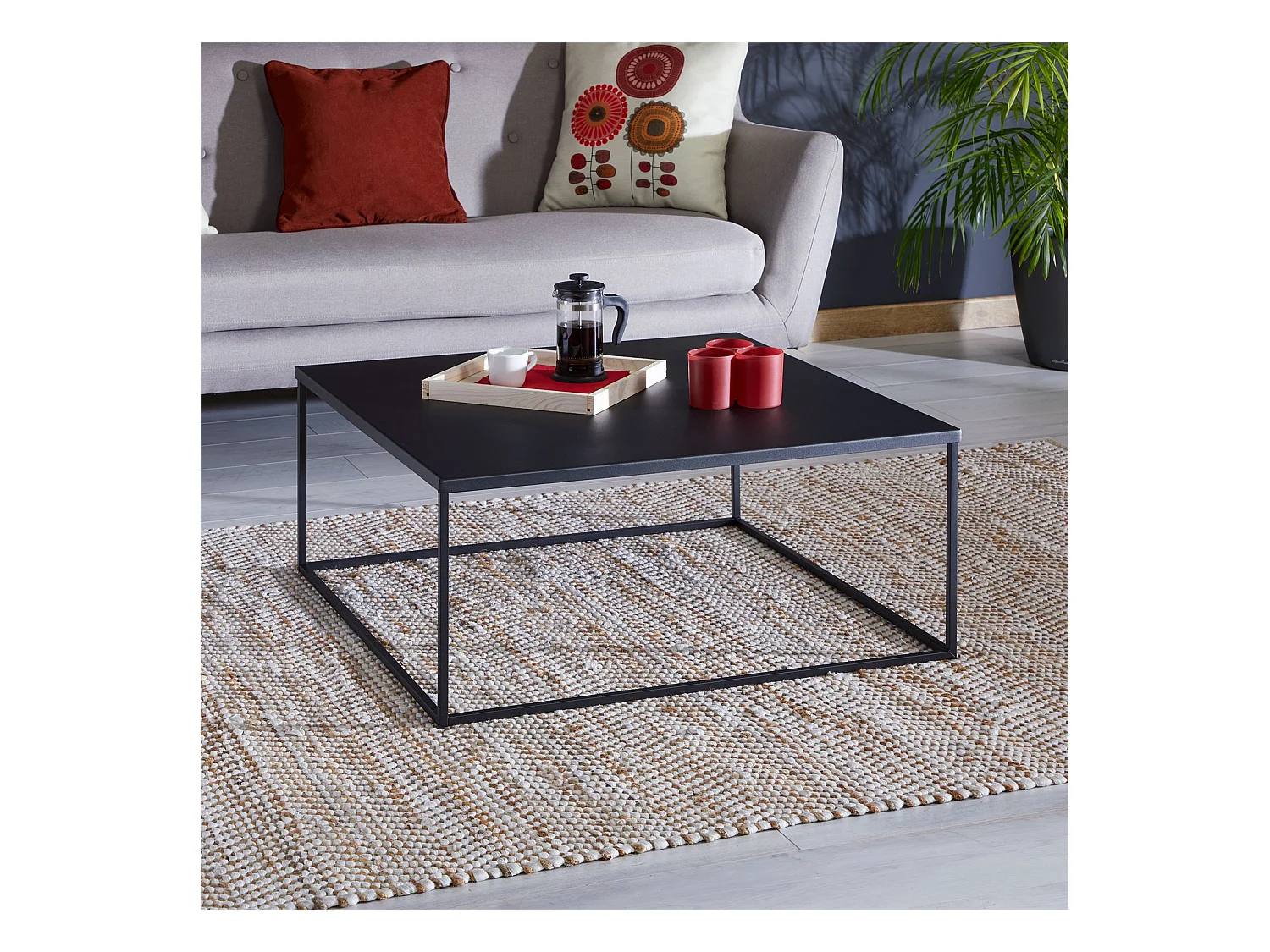 Table basse HILAR table de salon grande table d'appoint design retro vintage industriel, plateau carré en métal laqué noir