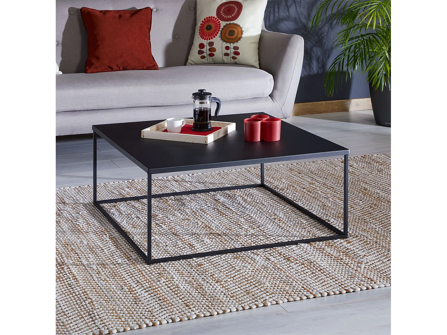 Table basse HILAR table de salon grande table d'appoint design retro vintage industriel, plateau carré en métal laqué noir