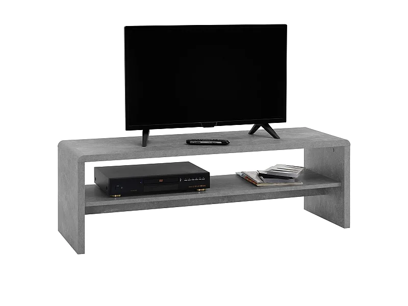 Table basse NOELLE, table de salon rectangulaire ou meuble TV de 120 cm avec 1 étagère de rangement, en mélaminé décor béton