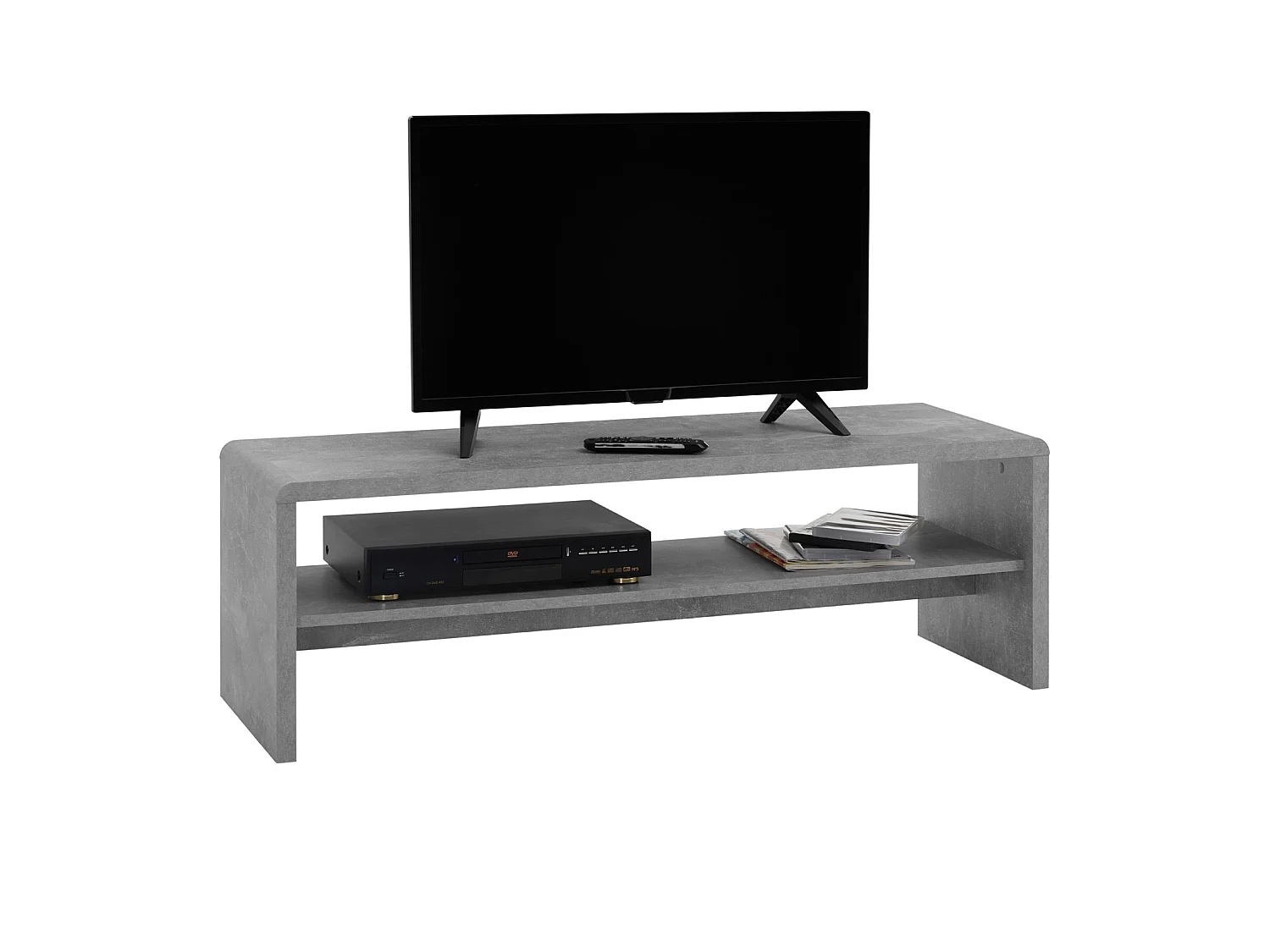 Table basse NOELLE, table de salon rectangulaire ou meuble TV de 120 cm avec 1 étagère de rangement, en mélaminé décor béton