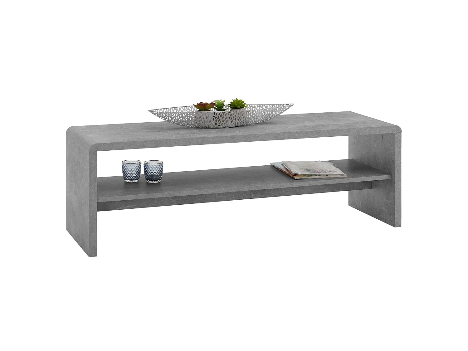 Table basse NOELLE, table de salon rectangulaire ou meuble TV de 120 cm avec 1 étagère de rangement, en mélaminé décor béton