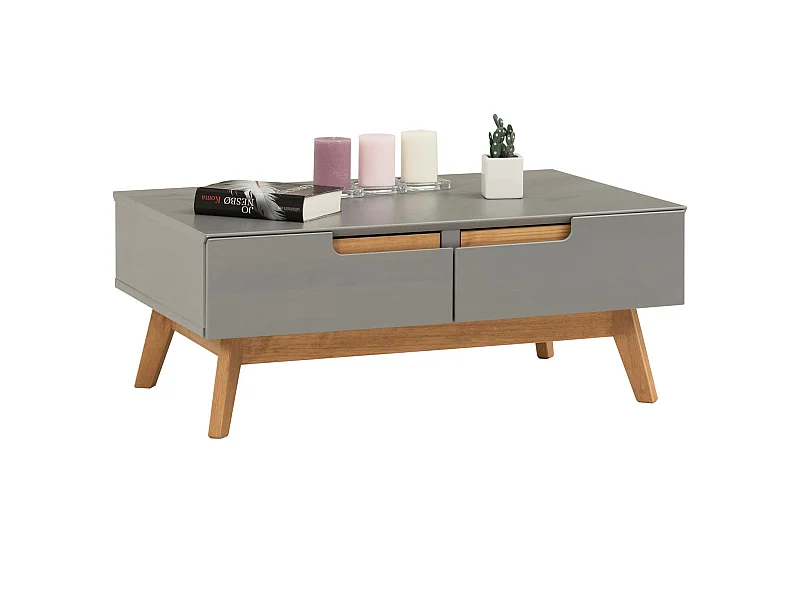 Table basse TIBOR style scandinave design vintage nordique table de salon rectangulaire 2 tiroirs 2 niches en pin massif lasuré gris