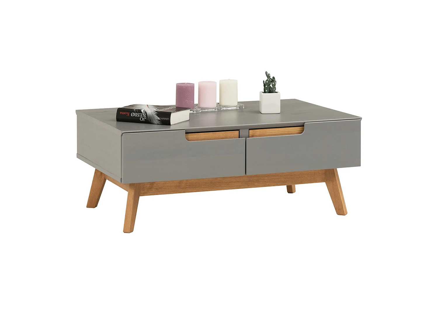 Table basse TIBOR style scandinave design vintage nordique table de salon rectangulaire 2 tiroirs 2 niches en pin massif lasuré gris