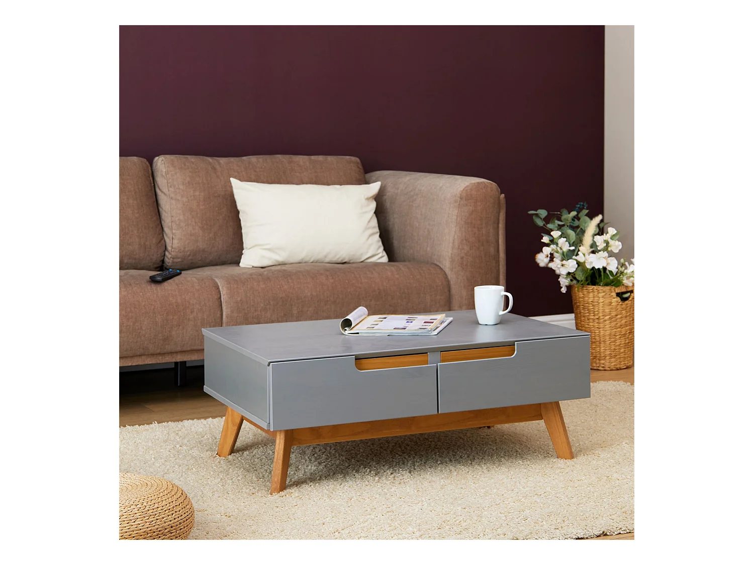 Table basse TIBOR style scandinave design vintage nordique table de salon rectangulaire 2 tiroirs 2 niches en pin massif lasuré gris