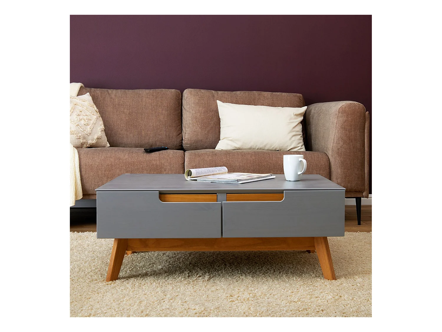 Table basse TIBOR style scandinave design vintage nordique table de salon rectangulaire 2 tiroirs 2 niches en pin massif lasuré gris