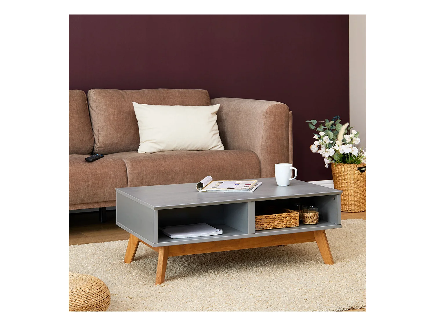 Table basse TIBOR style scandinave design vintage nordique table de salon rectangulaire 2 tiroirs 2 niches en pin massif lasuré gris