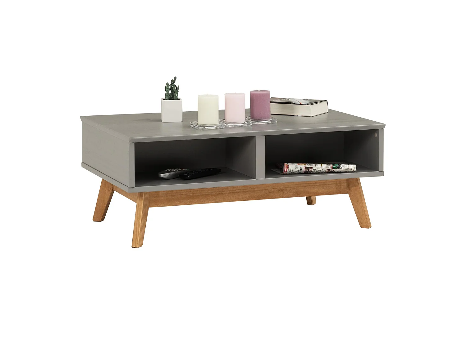 Table basse TIBOR style scandinave design vintage nordique table de salon rectangulaire 2 tiroirs 2 niches en pin massif lasuré gris