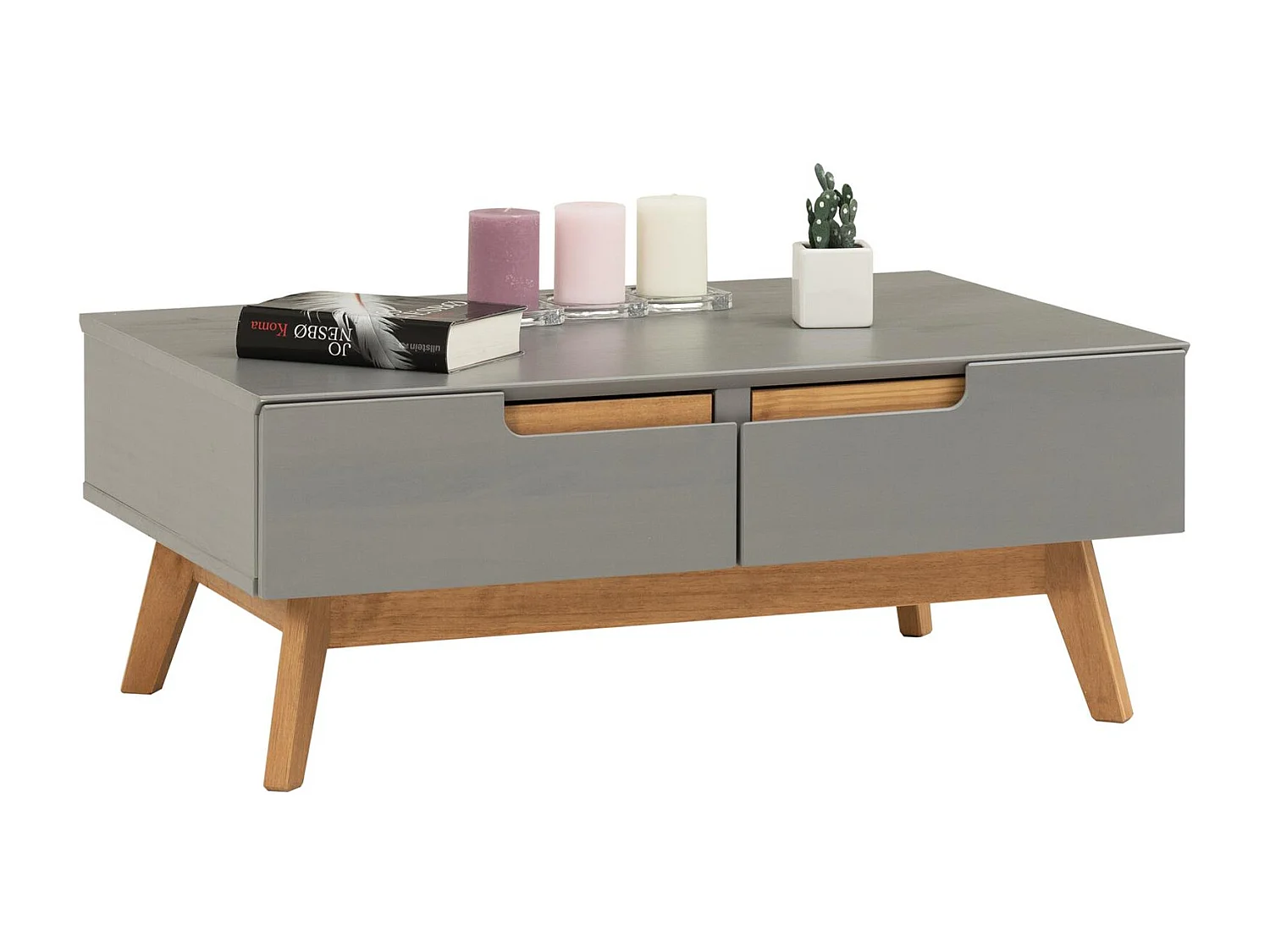 Table basse TIBOR style scandinave design vintage nordique table de salon rectangulaire 2 tiroirs 2 niches en pin massif lasuré gris