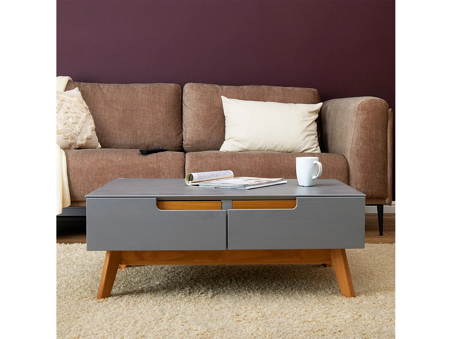 Table basse TIBOR style scandinave design vintage nordique table de salon rectangulaire 2 tiroirs 2 niches en pin massif lasuré gris