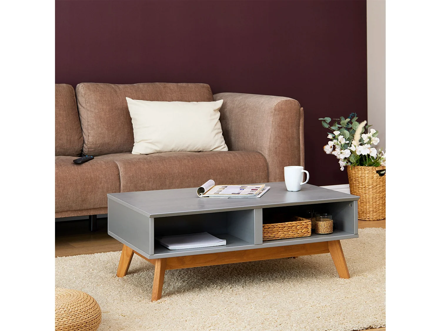 Table basse TIBOR style scandinave design vintage nordique table de salon rectangulaire 2 tiroirs 2 niches en pin massif lasuré gris