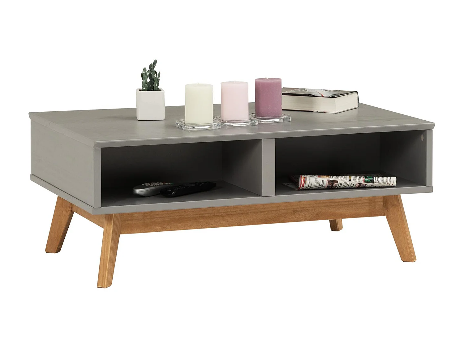 Table basse TIBOR style scandinave design vintage nordique table de salon rectangulaire 2 tiroirs 2 niches en pin massif lasuré gris