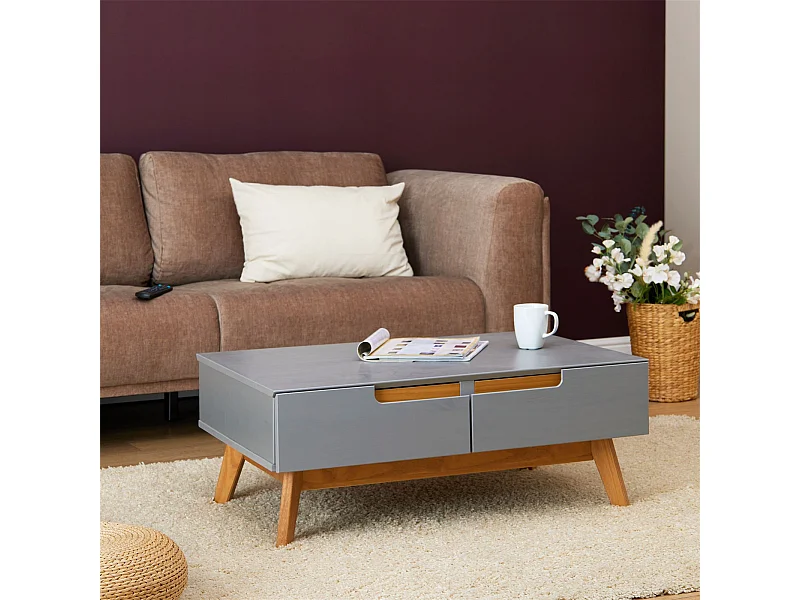 Table basse TIBOR style scandinave design vintage nordique table de salon rectangulaire 2 tiroirs 2 niches en pin massif lasuré gris