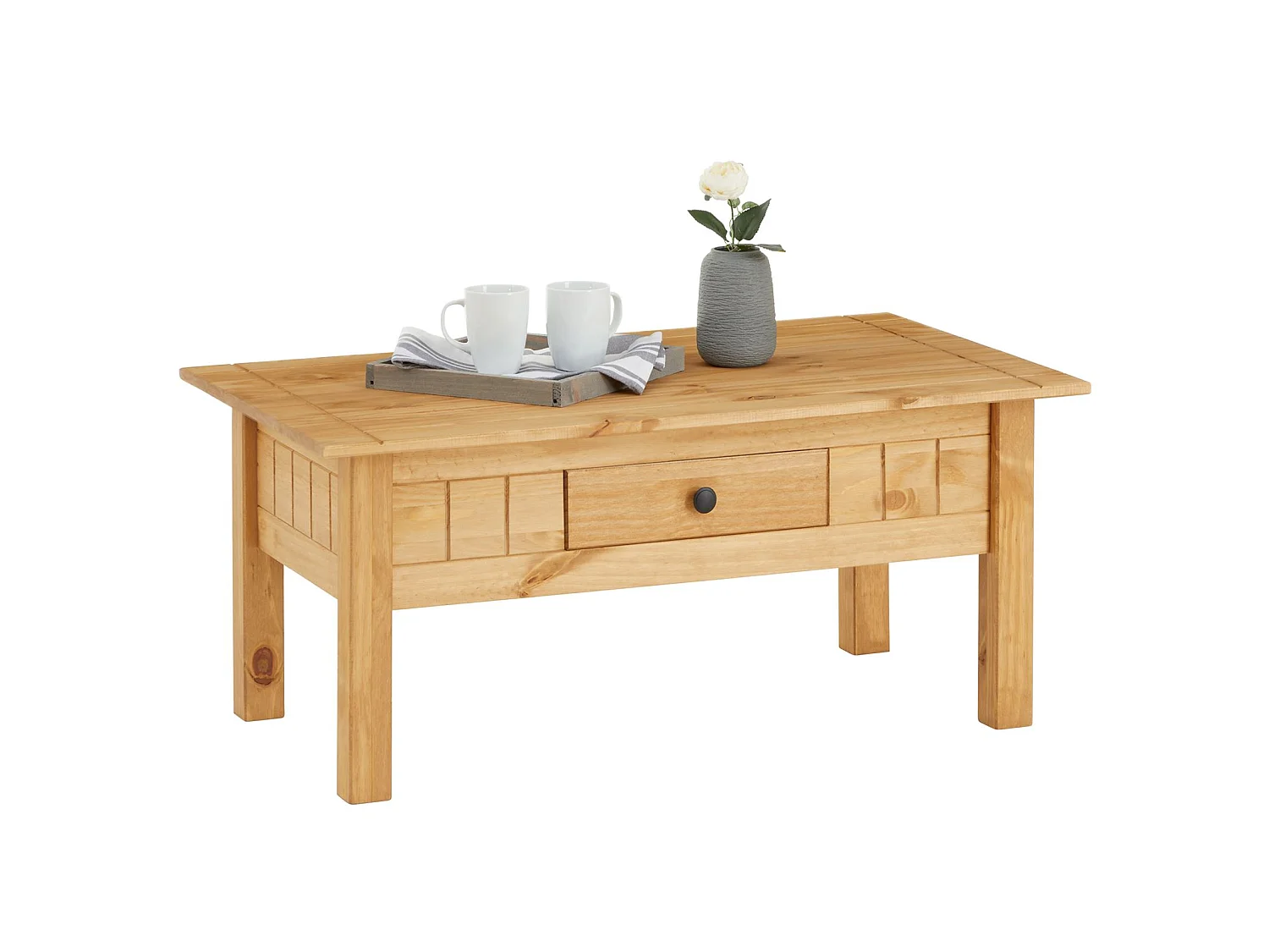 Table basse de salon CANCUN rectangulaire en bois avec 1 tiroir, en pin massif finition teintée/cirée