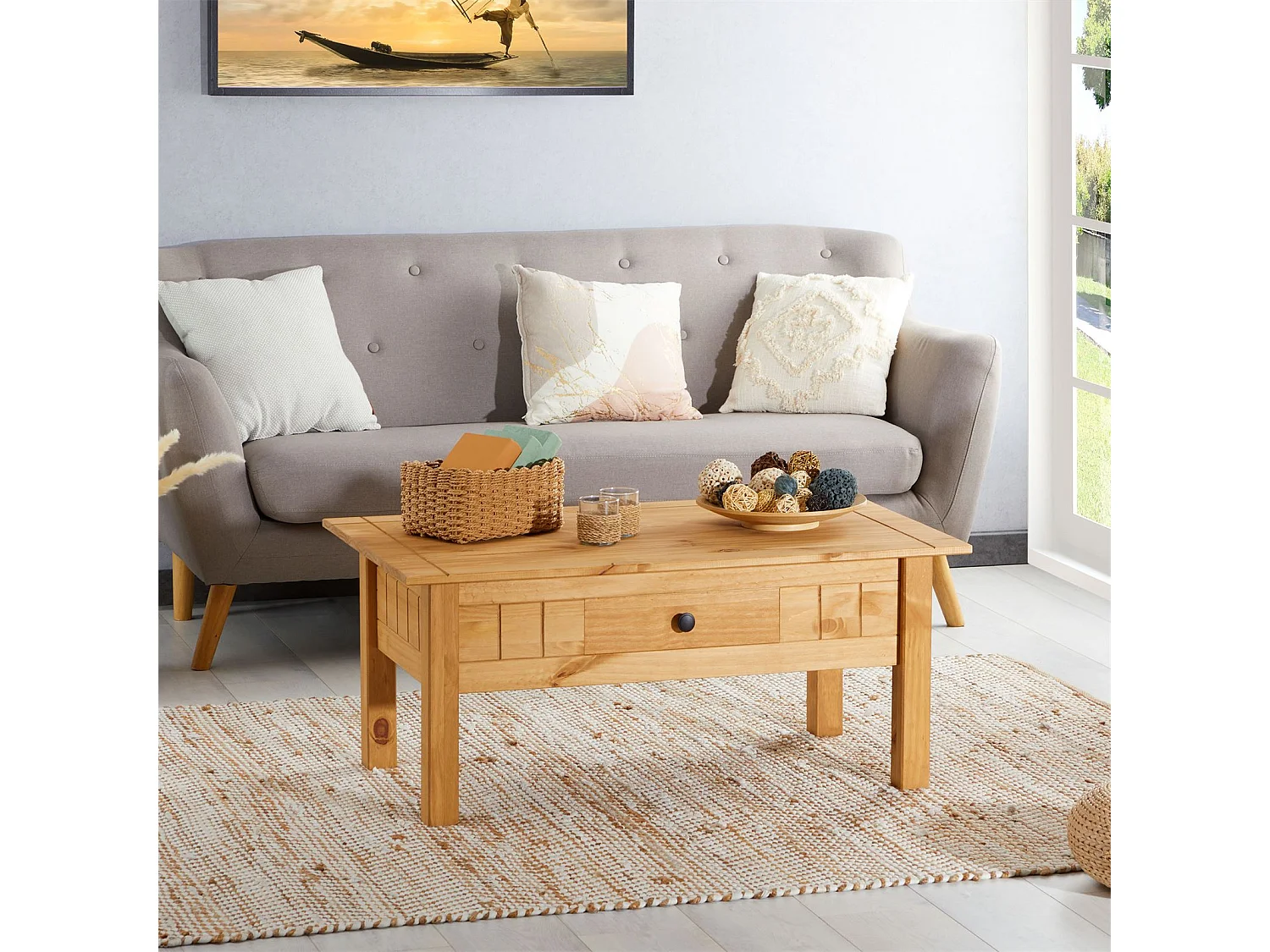 Table basse de salon CANCUN rectangulaire en bois avec 1 tiroir, en pin massif finition teintée/cirée