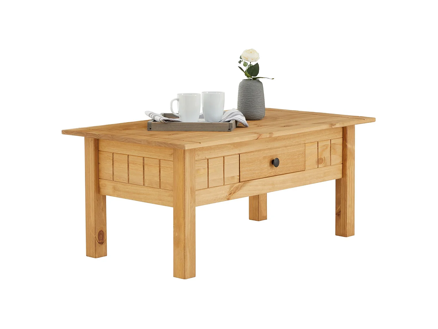 Table basse de salon CANCUN rectangulaire en bois avec 1 tiroir, en pin massif finition teintée/cirée