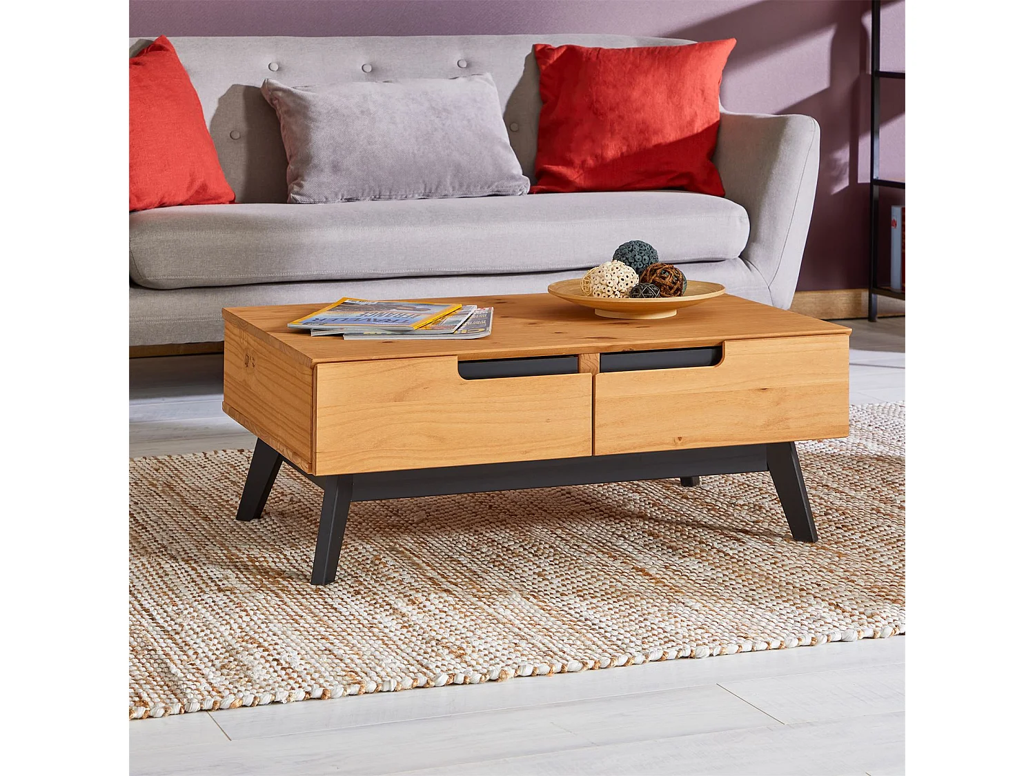 Table basse TIBOR design vintage scandinave nordique table de salon rectangulaire 2 tiroirs 2 niches pin massif finition bois teinté