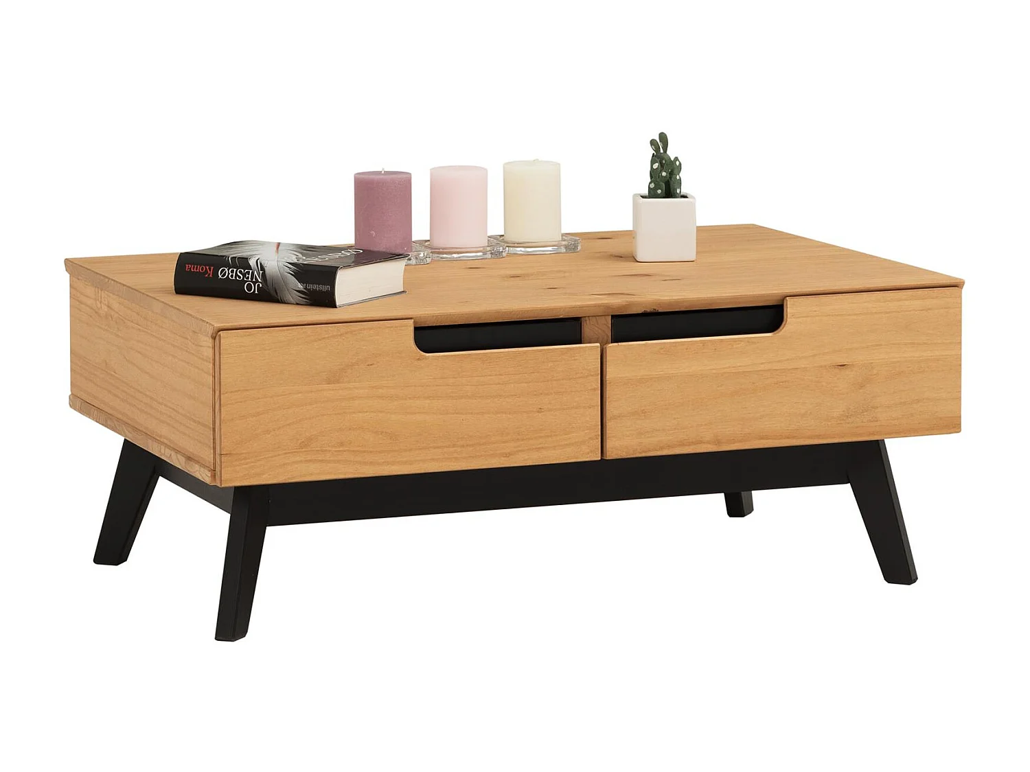 Table basse TIBOR design vintage scandinave nordique table de salon rectangulaire 2 tiroirs 2 niches pin massif finition bois teinté