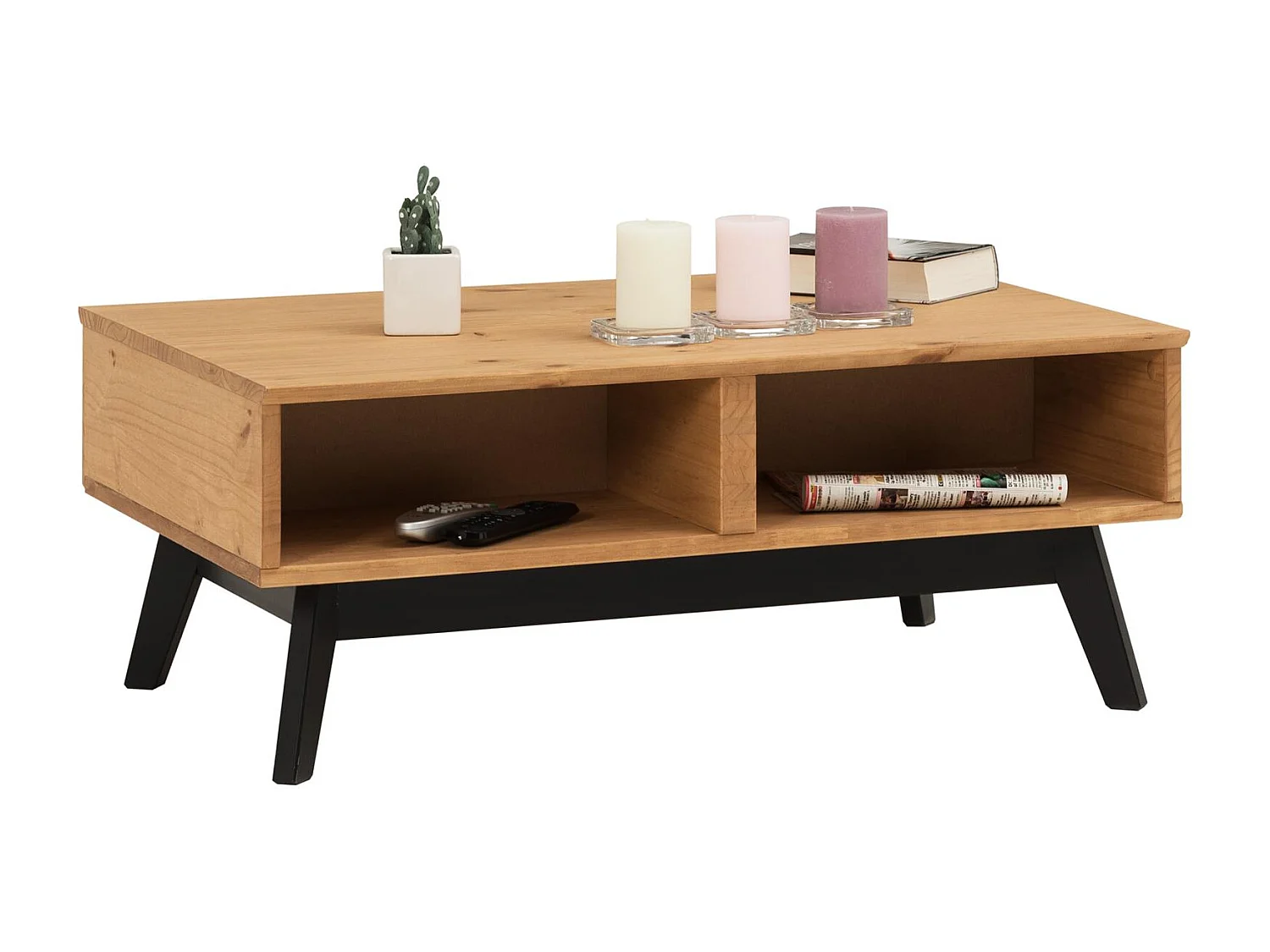 Table basse TIBOR design vintage scandinave nordique table de salon rectangulaire 2 tiroirs 2 niches pin massif finition bois teinté