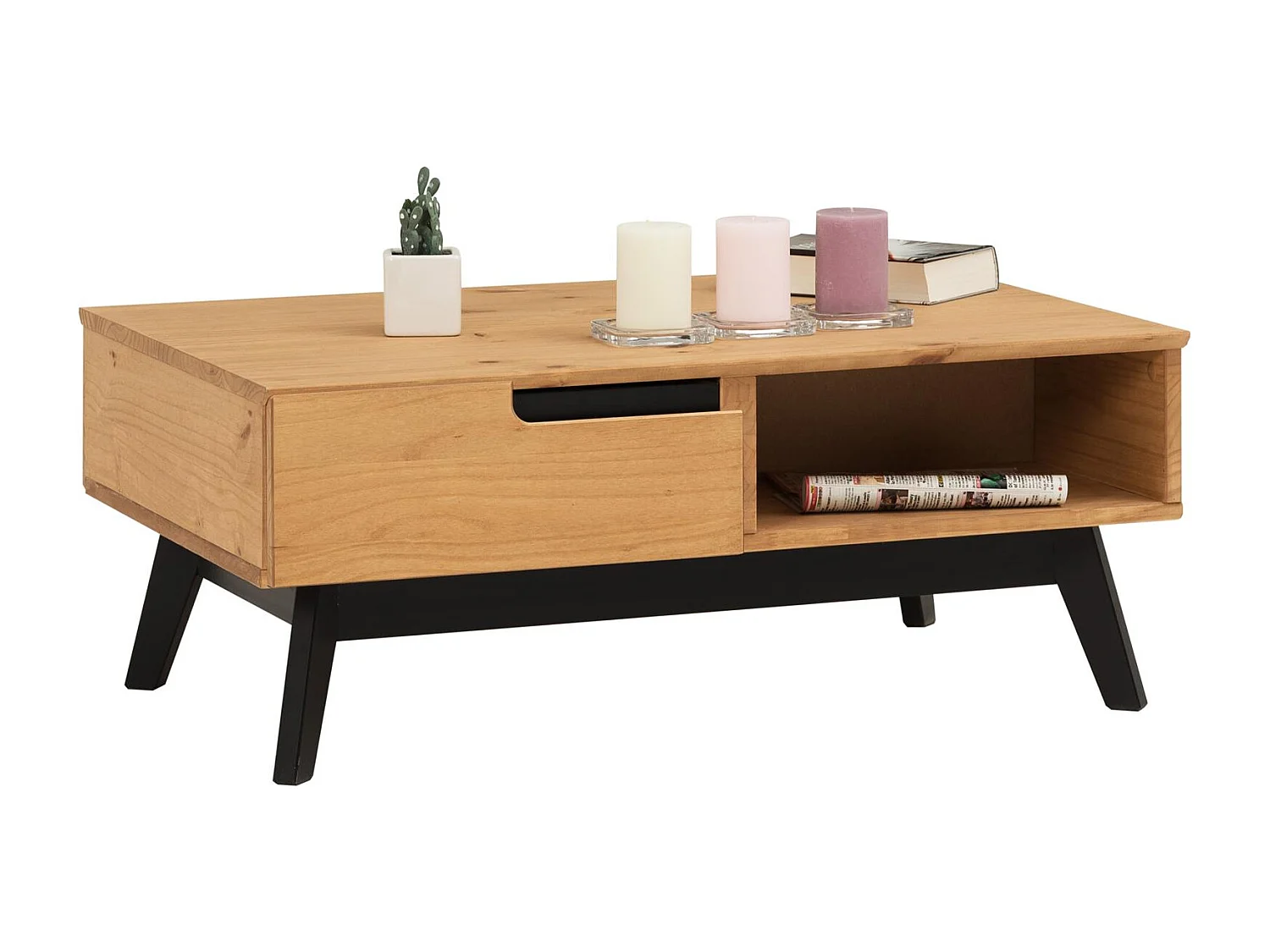 Table basse TIBOR design vintage scandinave nordique table de salon rectangulaire 2 tiroirs 2 niches pin massif finition bois teinté