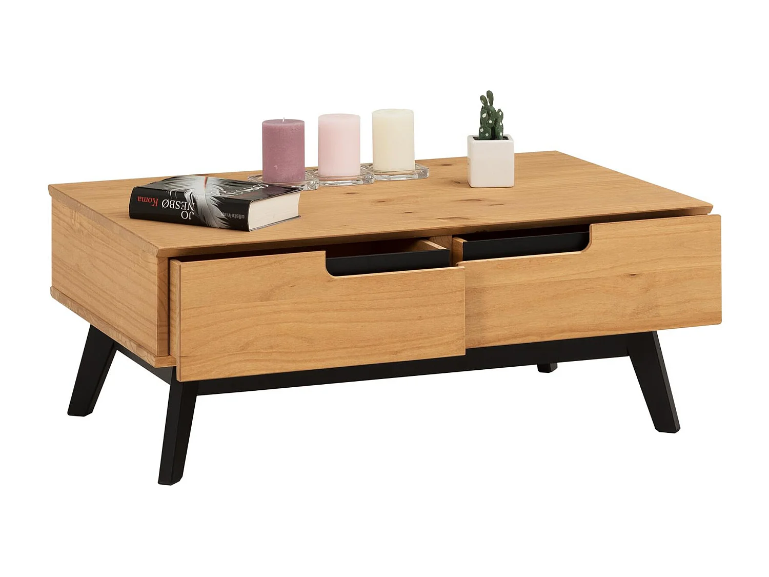Table basse TIBOR design vintage scandinave nordique table de salon rectangulaire 2 tiroirs 2 niches pin massif finition bois teinté