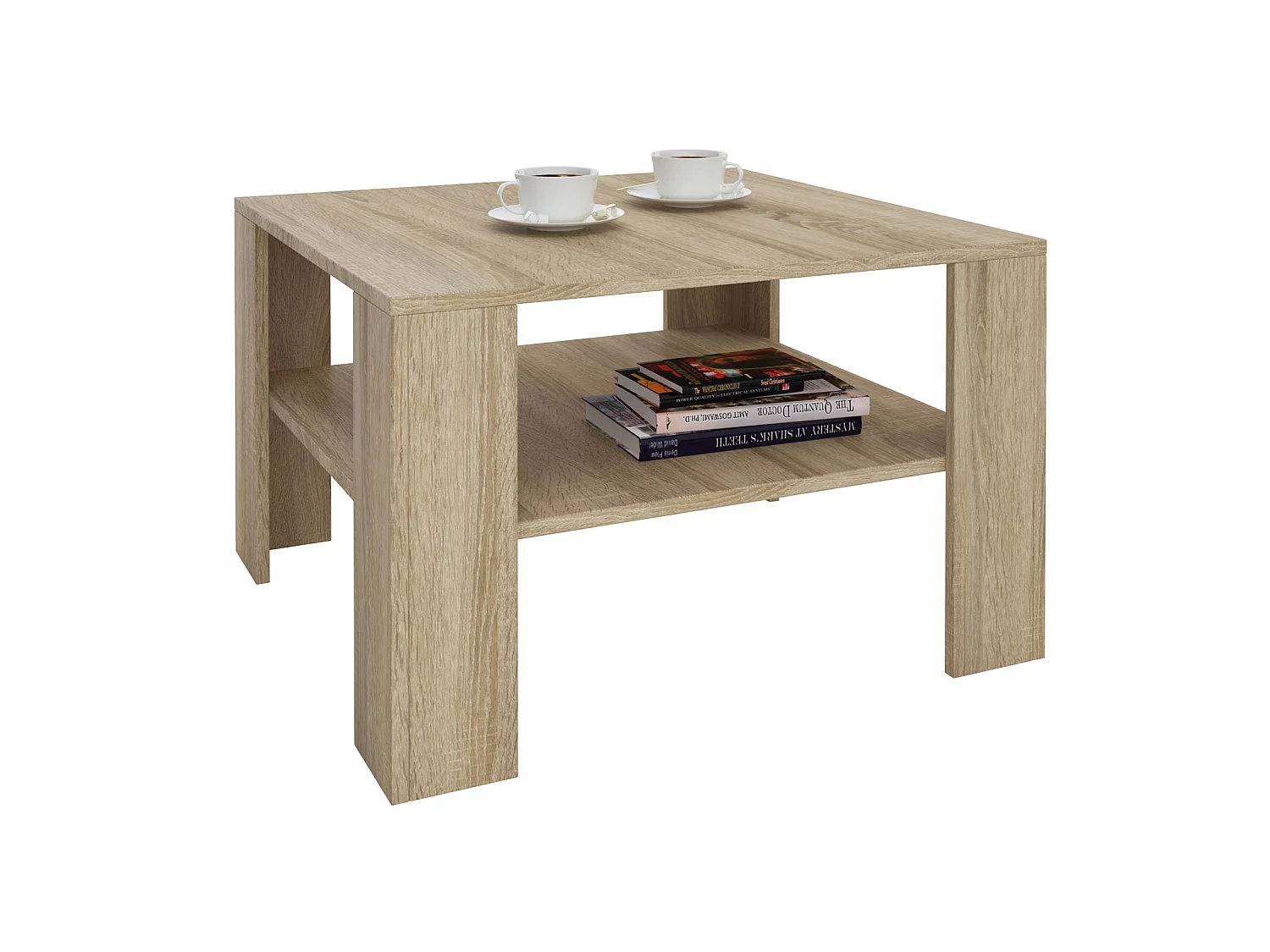 Table basse SEJOUR, table de salon de forme carrée avec 1 étagère espace de rangement ouvert, en mélaminé décor chêne sonoma