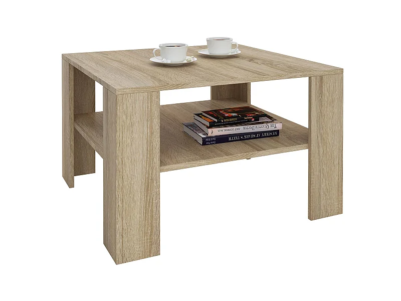 Table basse SEJOUR, table de salon de forme carrée avec 1 étagère espace de rangement ouvert, en mélaminé décor chêne sonoma