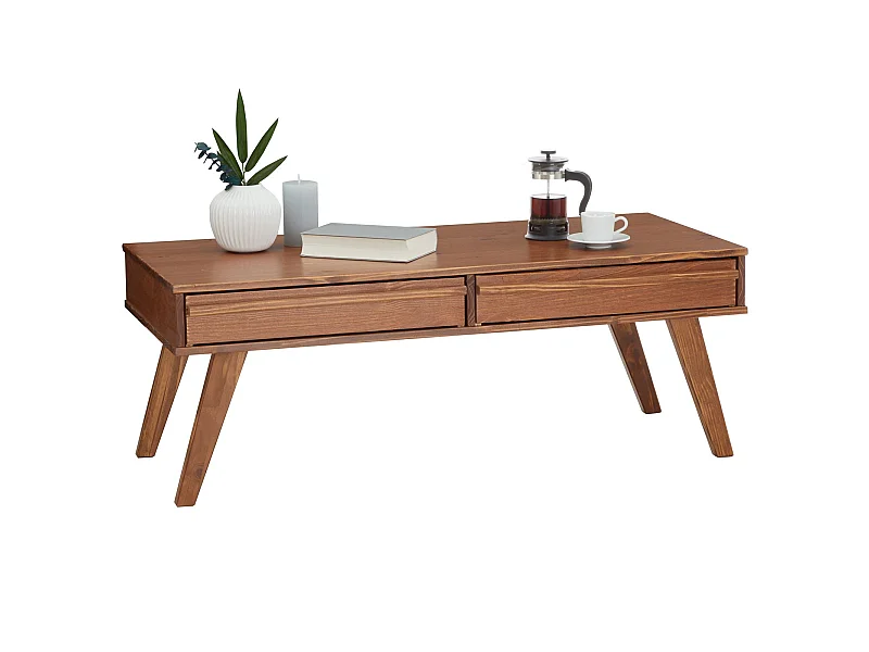 Table basse JONA style scandinave table de salon rectangulaire avec 2 tiroirs, en pin massif lasuré brun foncé