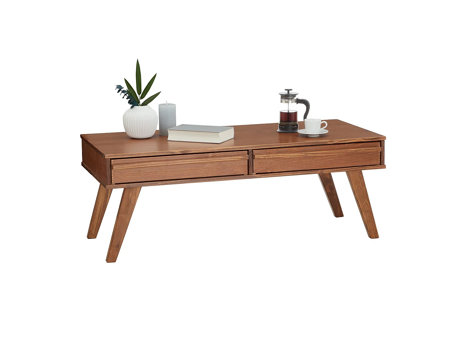 Table basse JONA style scandinave table de salon rectangulaire avec 2 tiroirs, en pin massif lasuré brun foncé