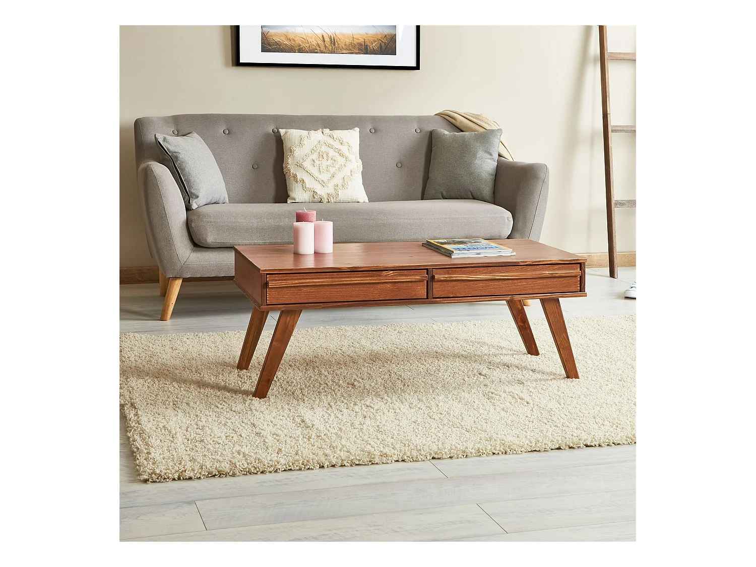 Table basse JONA style scandinave table de salon rectangulaire avec 2 tiroirs, en pin massif lasuré brun foncé