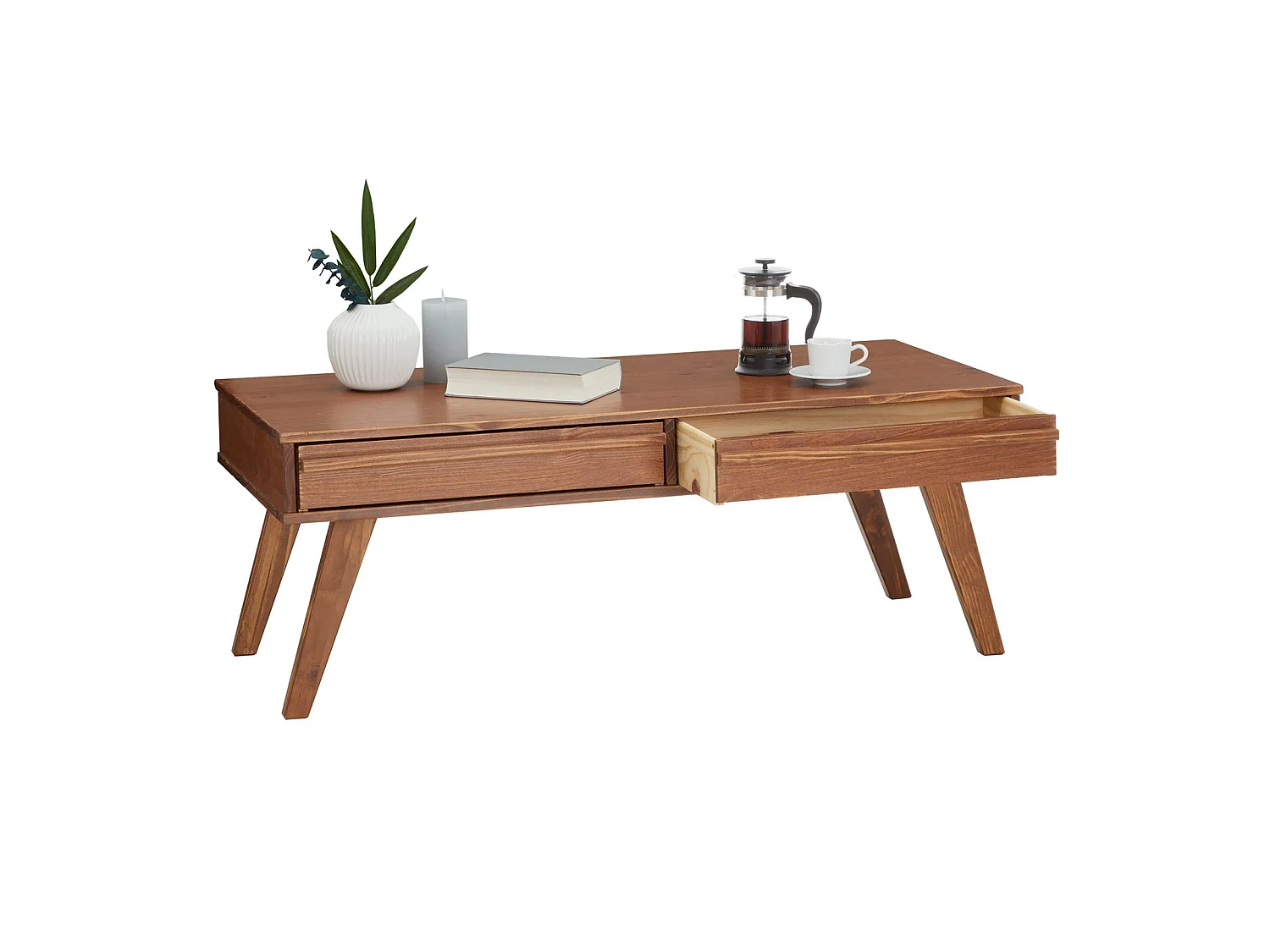 Table basse JONA style scandinave table de salon rectangulaire avec 2 tiroirs, en pin massif lasuré brun foncé