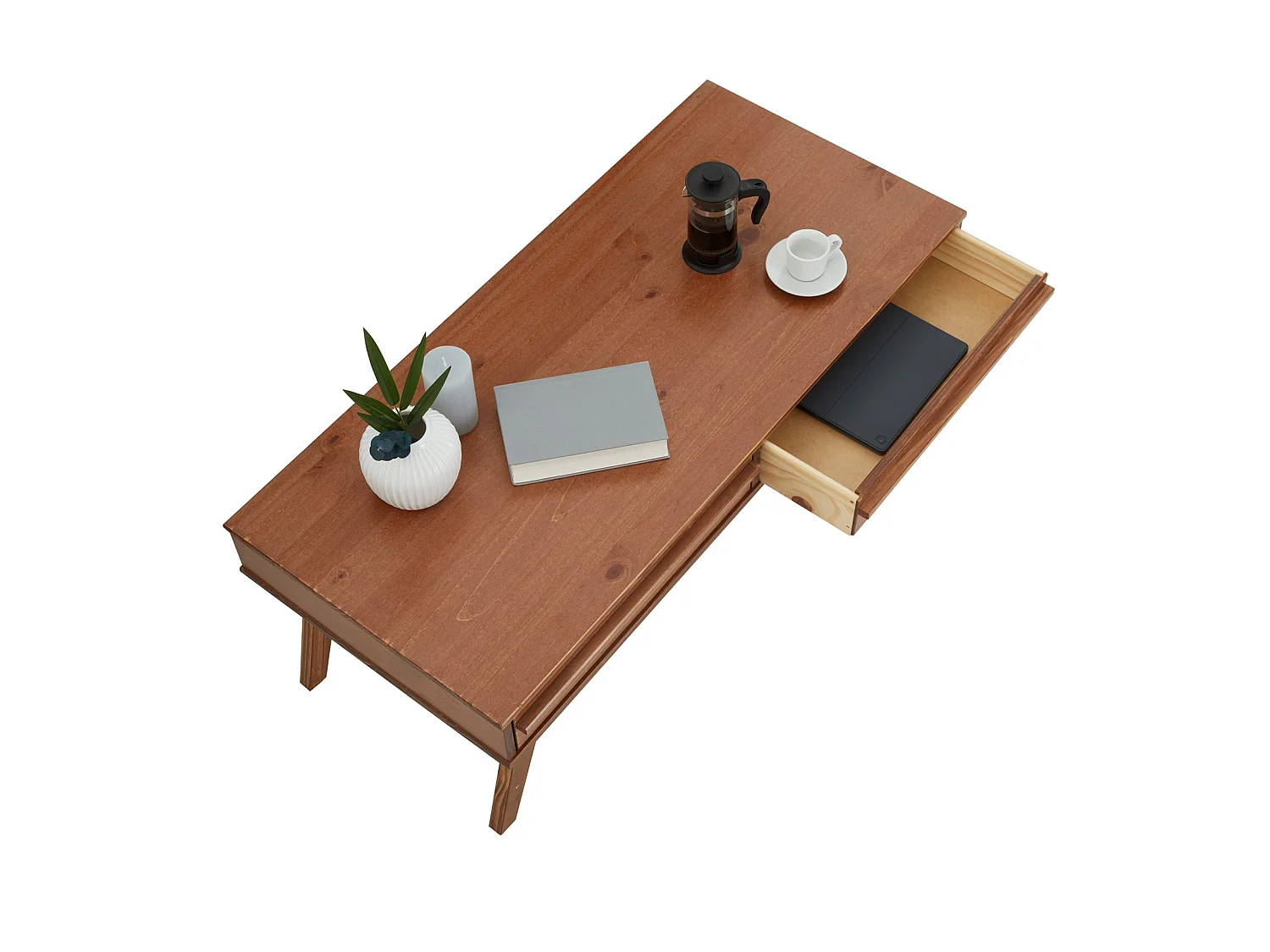 Table basse JONA style scandinave table de salon rectangulaire avec 2 tiroirs, en pin massif lasuré brun foncé