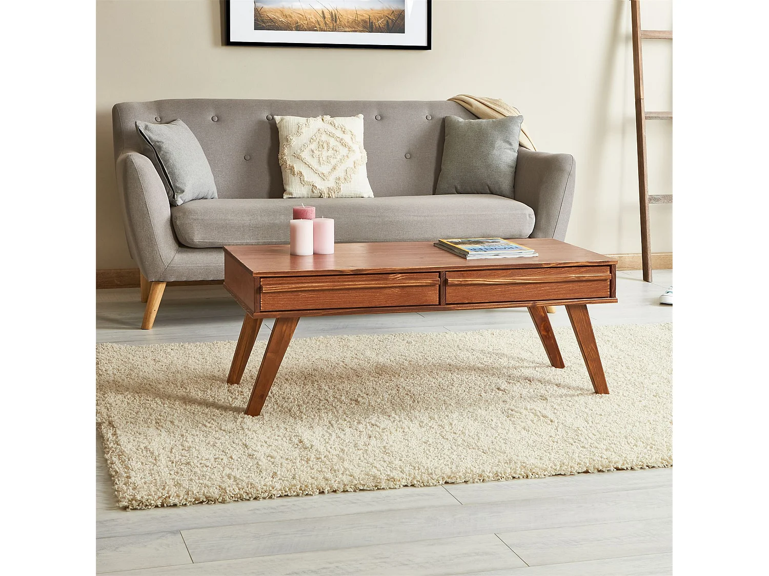 Table basse JONA style scandinave table de salon rectangulaire avec 2 tiroirs, en pin massif lasuré brun foncé