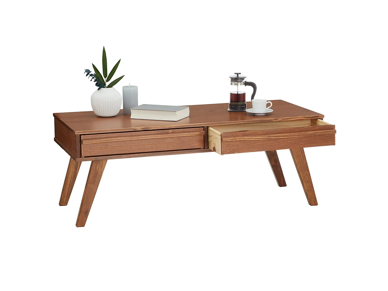 Table basse JONA style scandinave table de salon rectangulaire avec 2 tiroirs, en pin massif lasuré brun foncé