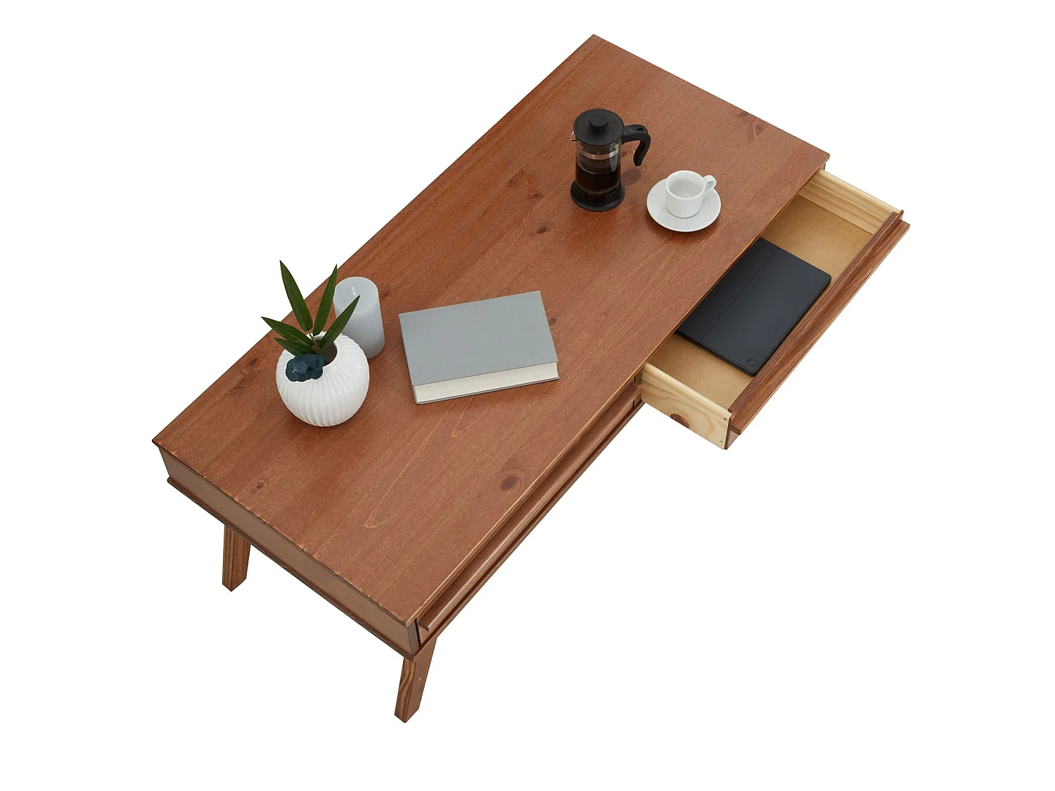 Table basse JONA style scandinave table de salon rectangulaire avec 2 tiroirs, en pin massif lasuré brun foncé