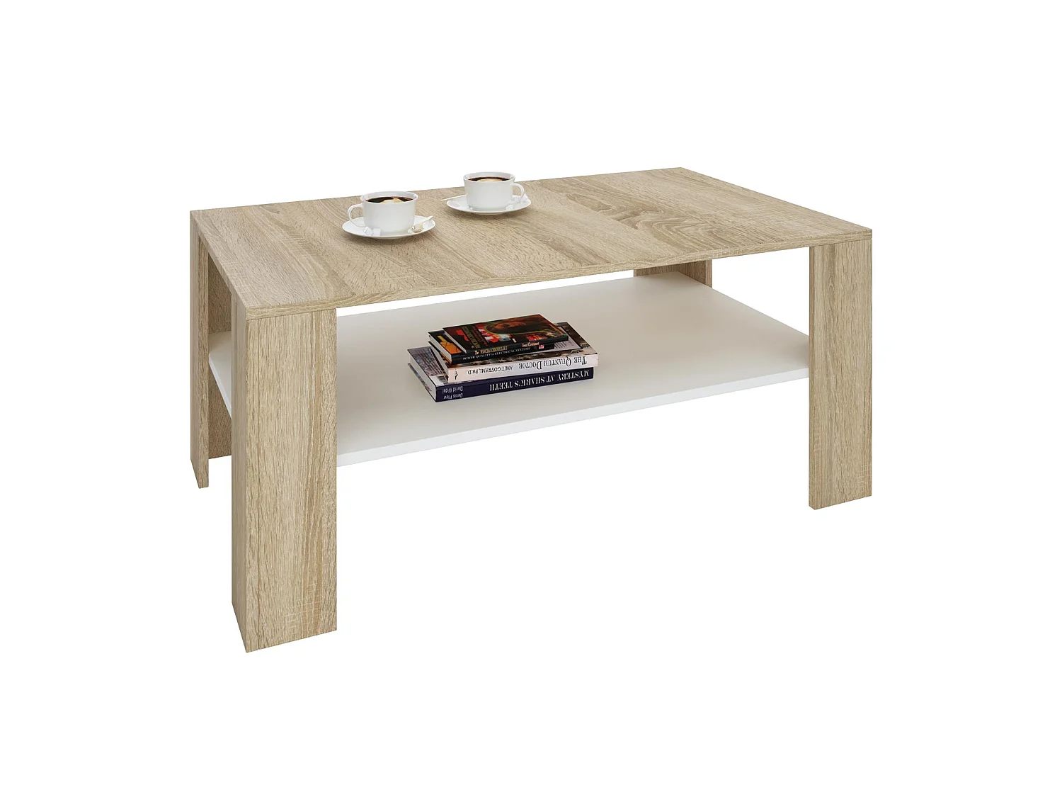 Table basse LORIENT, table de salon rectangulaire avec 1 étagère espace de rangement ouvert, en mélaminé décor chêne sonoma et blanc