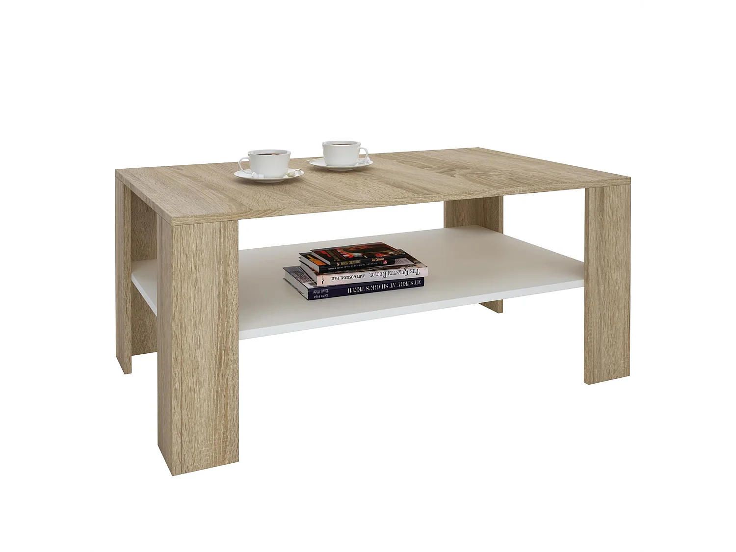 Table basse LORIENT, table de salon rectangulaire avec 1 étagère espace de rangement ouvert, en mélaminé décor chêne sonoma et blanc