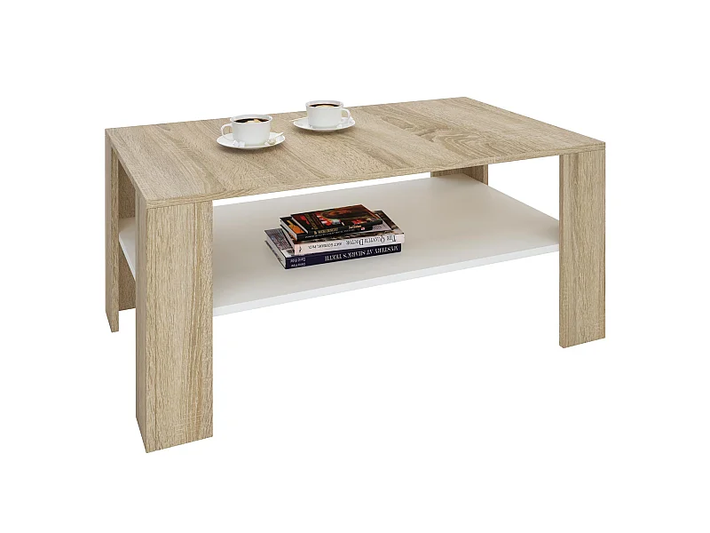 Table basse LORIENT, table de salon rectangulaire avec 1 étagère espace de rangement ouvert, en mélaminé décor chêne sonoma et blanc