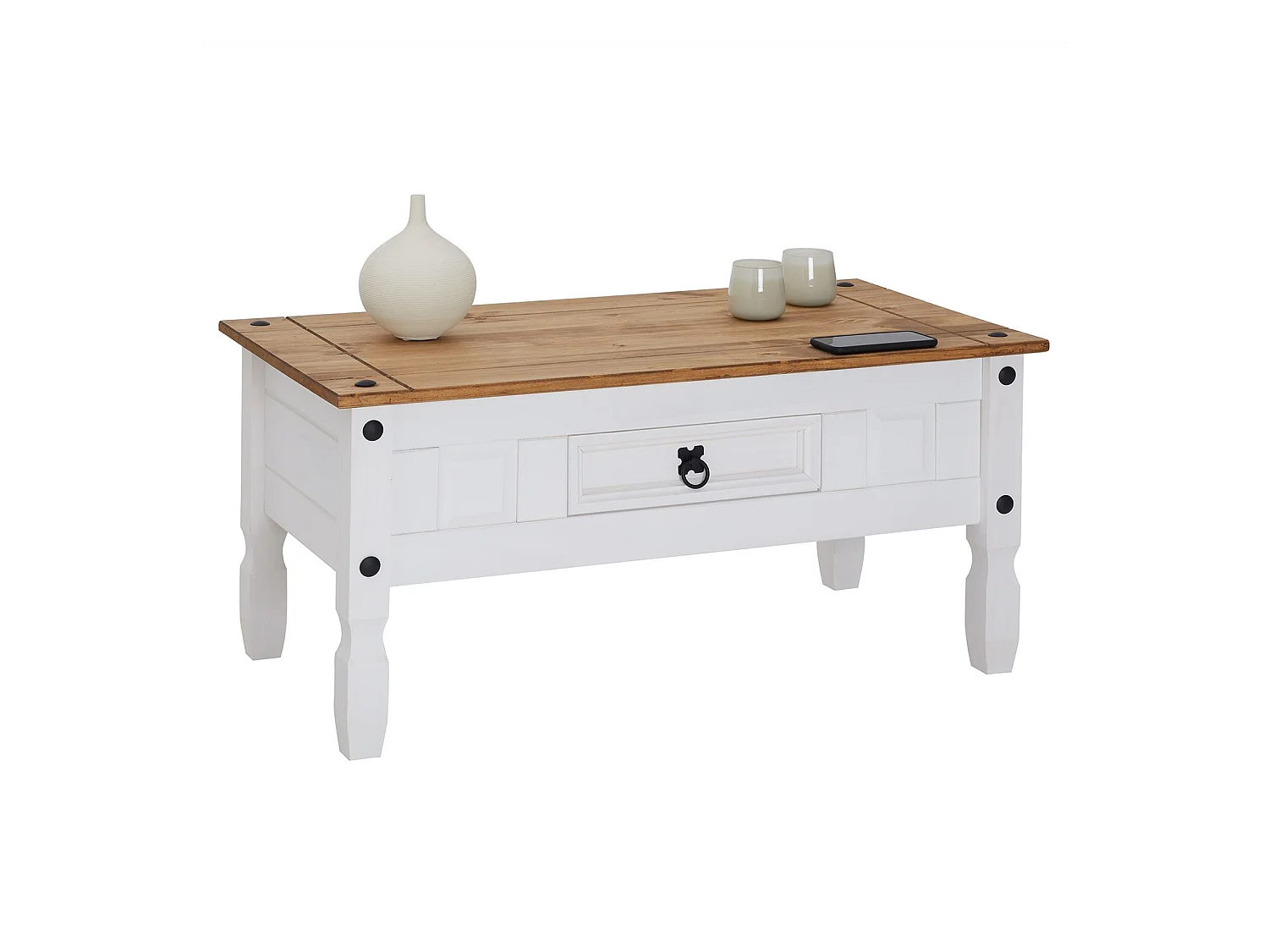 Table basse CAMPO table d'appoint rectangulaire en pin massif blanc et brun avec 1 tiroir, meuble de salon style mexicain en bois
