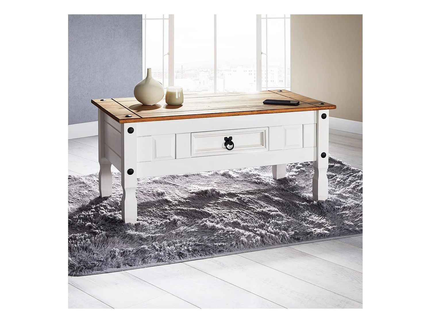 Table basse CAMPO table d'appoint rectangulaire en pin massif blanc et brun avec 1 tiroir, meuble de salon style mexicain en bois