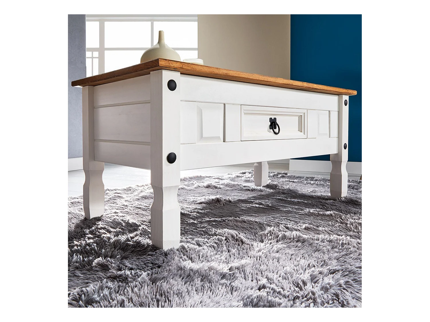 Table basse CAMPO table d'appoint rectangulaire en pin massif blanc et brun avec 1 tiroir, meuble de salon style mexicain en bois