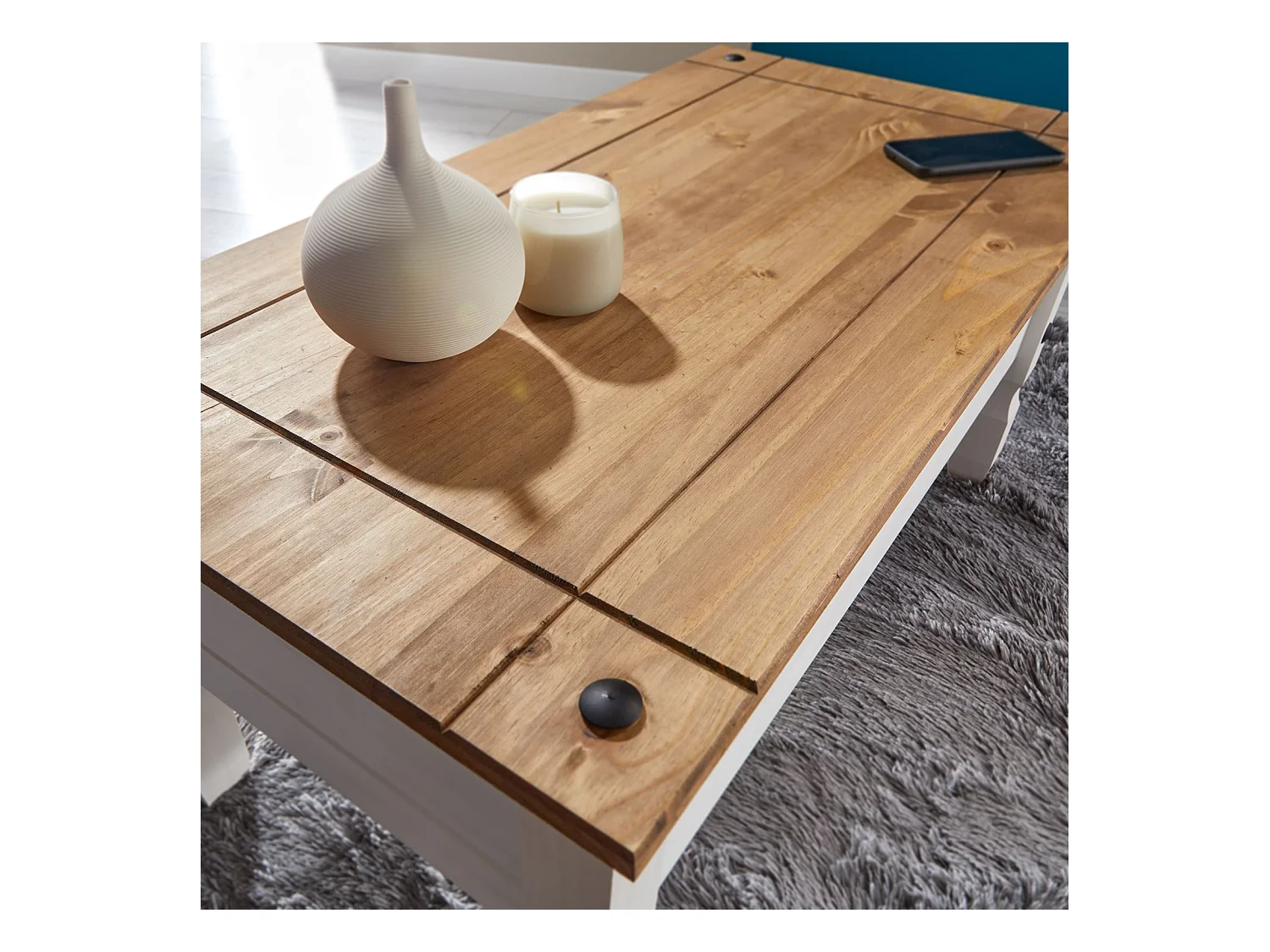 Table basse CAMPO table d'appoint rectangulaire en pin massif blanc et brun avec 1 tiroir, meuble de salon style mexicain en bois