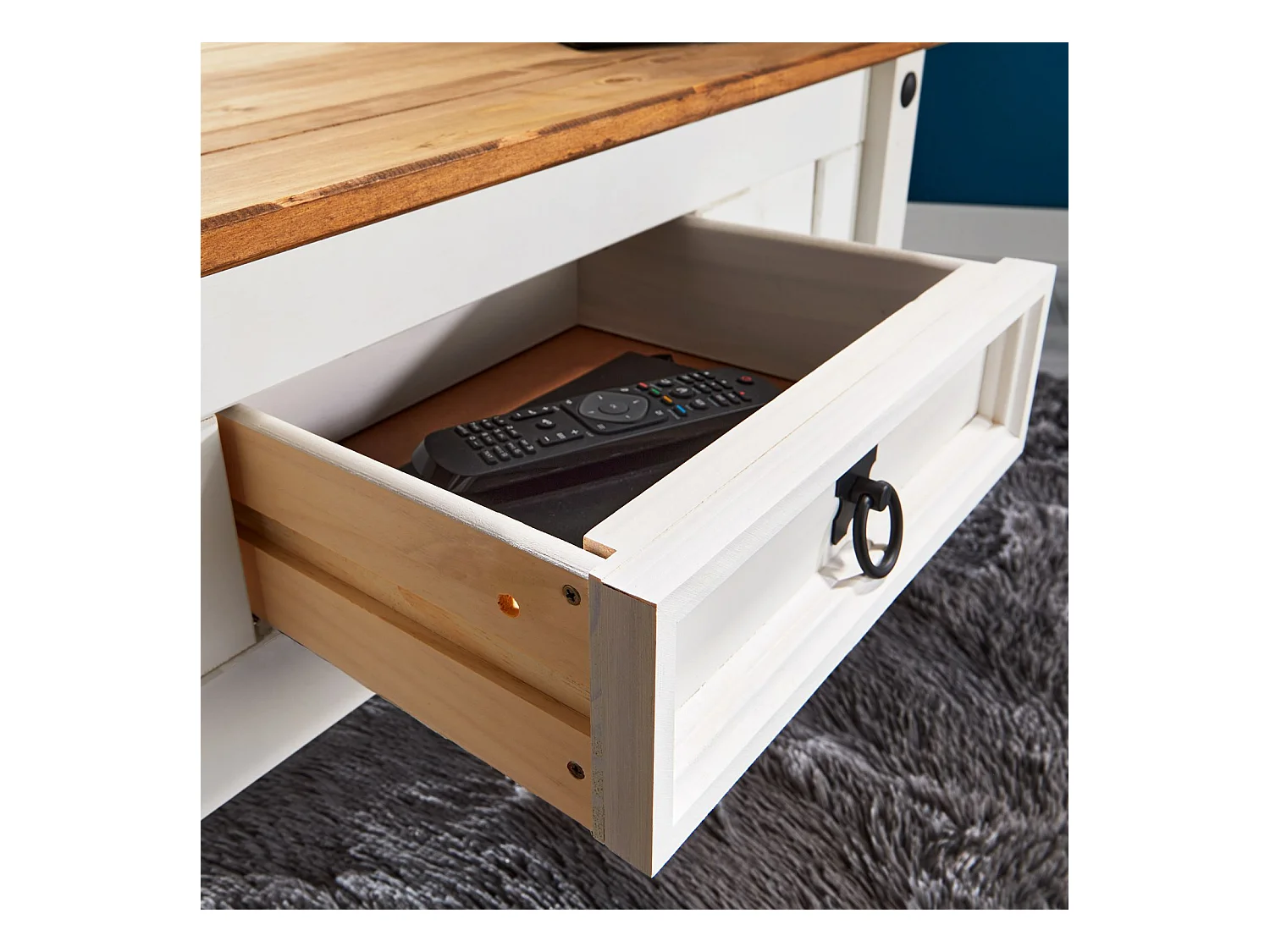 Table basse CAMPO table d'appoint rectangulaire en pin massif blanc et brun avec 1 tiroir, meuble de salon style mexicain en bois