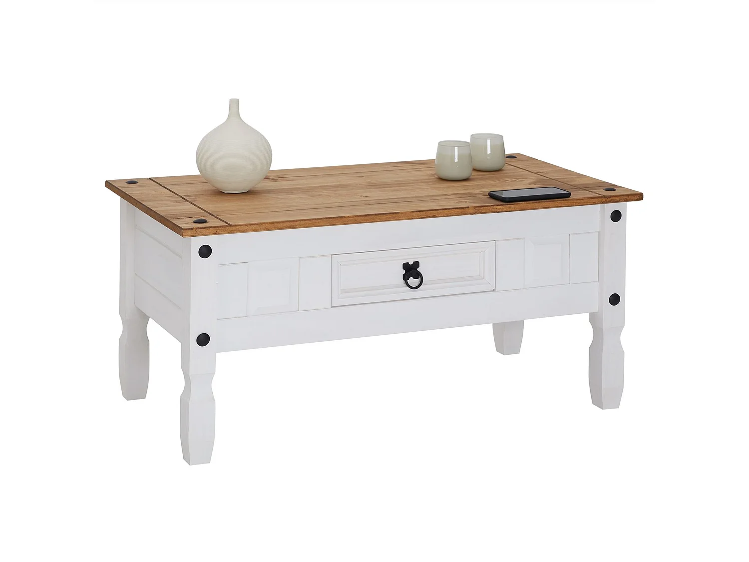 Table basse CAMPO table d'appoint rectangulaire en pin massif blanc et brun avec 1 tiroir, meuble de salon style mexicain en bois