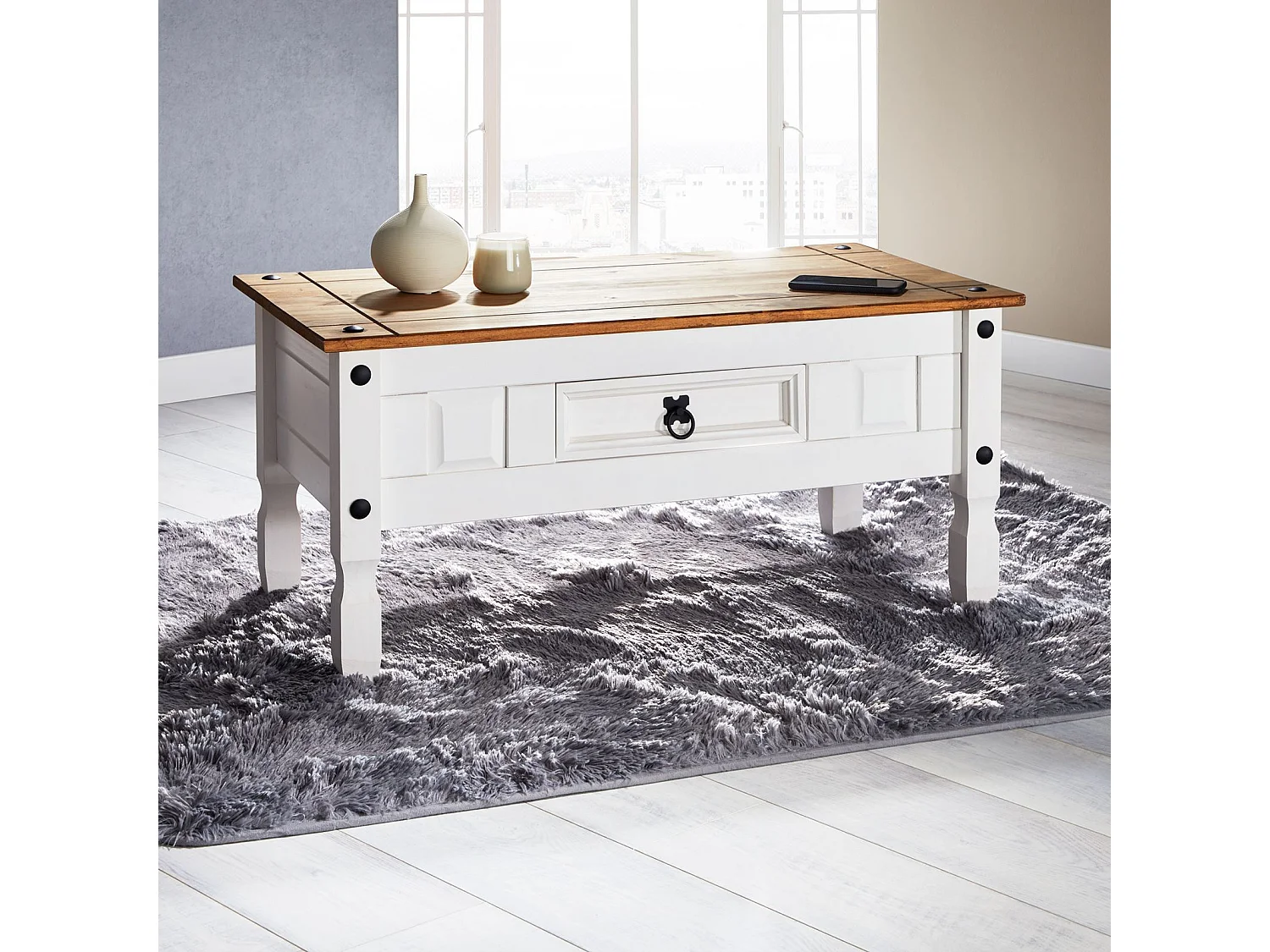 Table basse CAMPO table d'appoint rectangulaire en pin massif blanc et brun avec 1 tiroir, meuble de salon style mexicain en bois