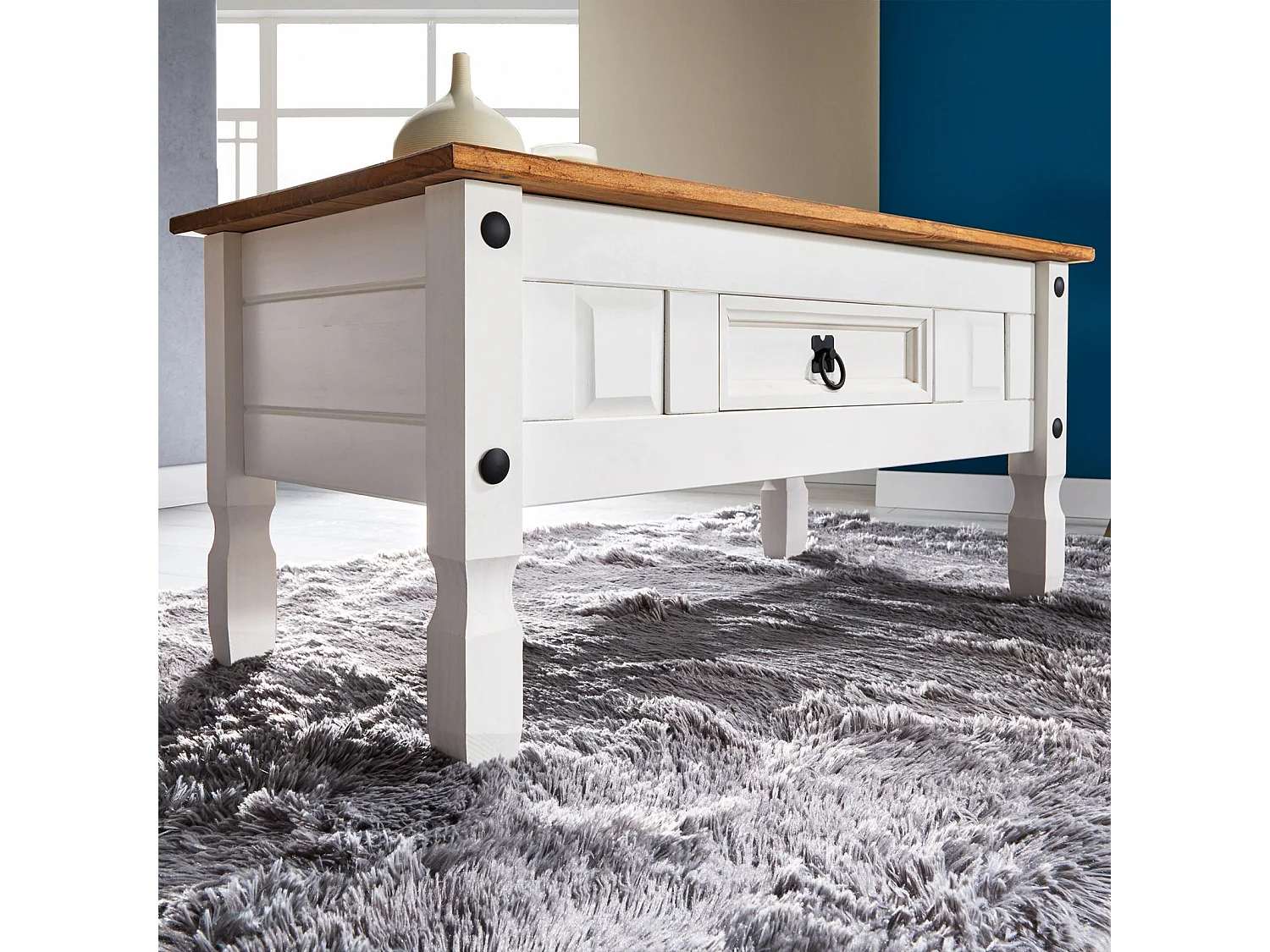 Table basse CAMPO table d'appoint rectangulaire en pin massif blanc et brun avec 1 tiroir, meuble de salon style mexicain en bois