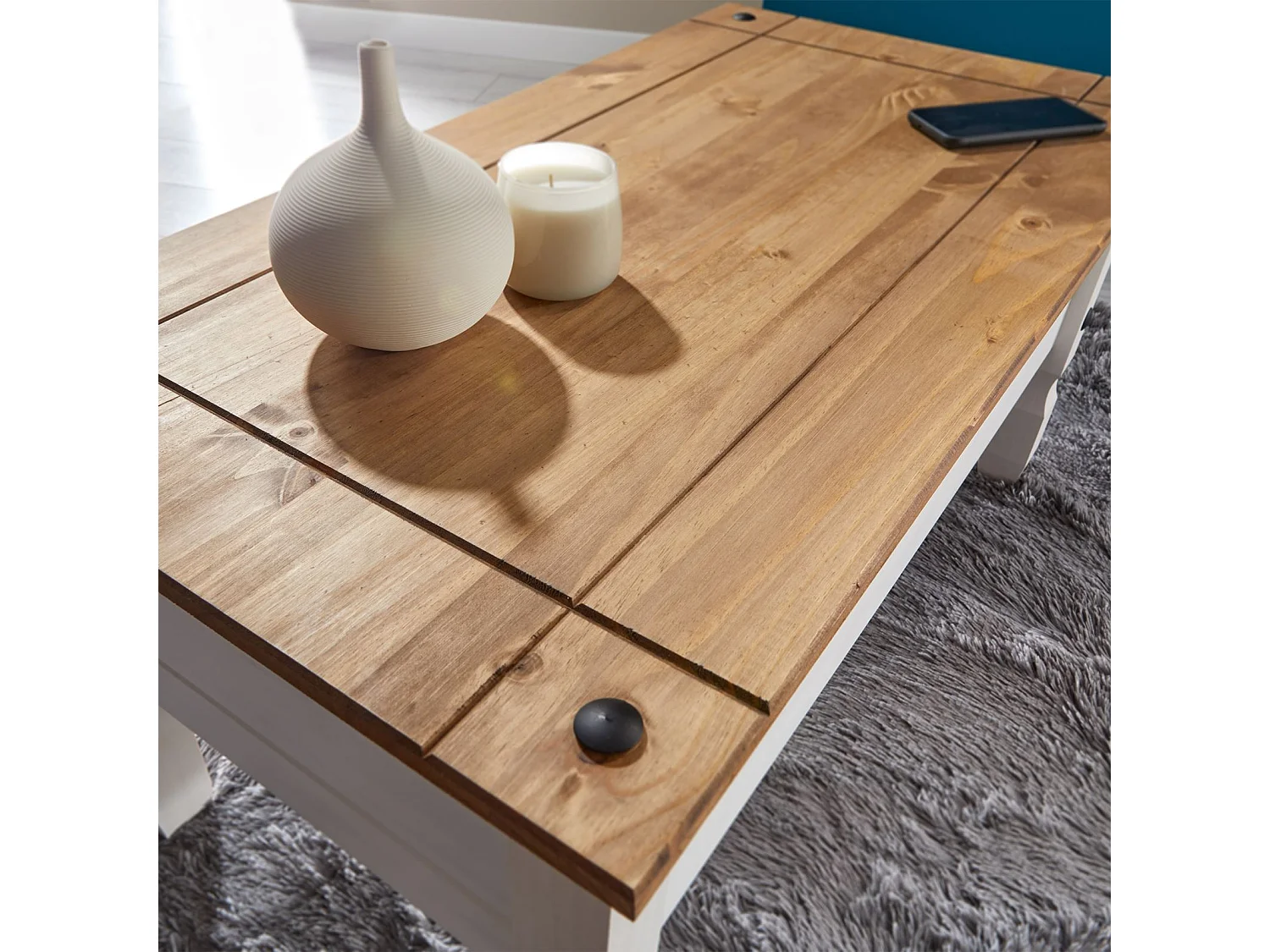 Table basse CAMPO table d'appoint rectangulaire en pin massif blanc et brun avec 1 tiroir, meuble de salon style mexicain en bois