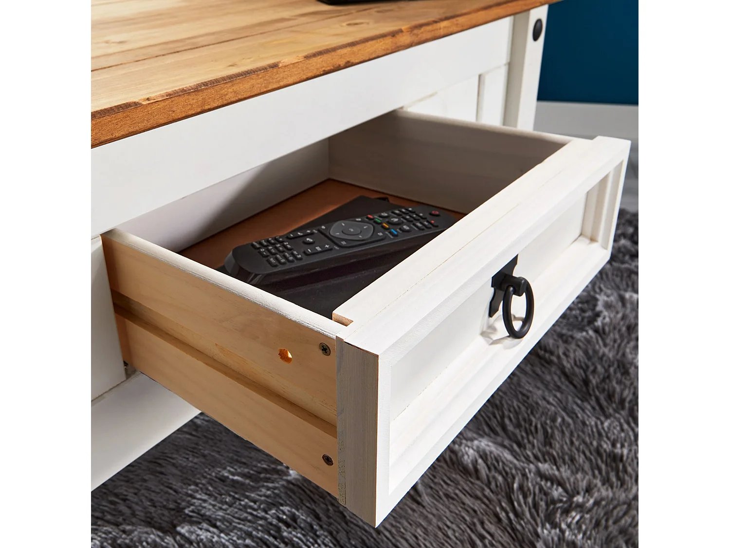 Table basse CAMPO table d'appoint rectangulaire en pin massif blanc et brun avec 1 tiroir, meuble de salon style mexicain en bois