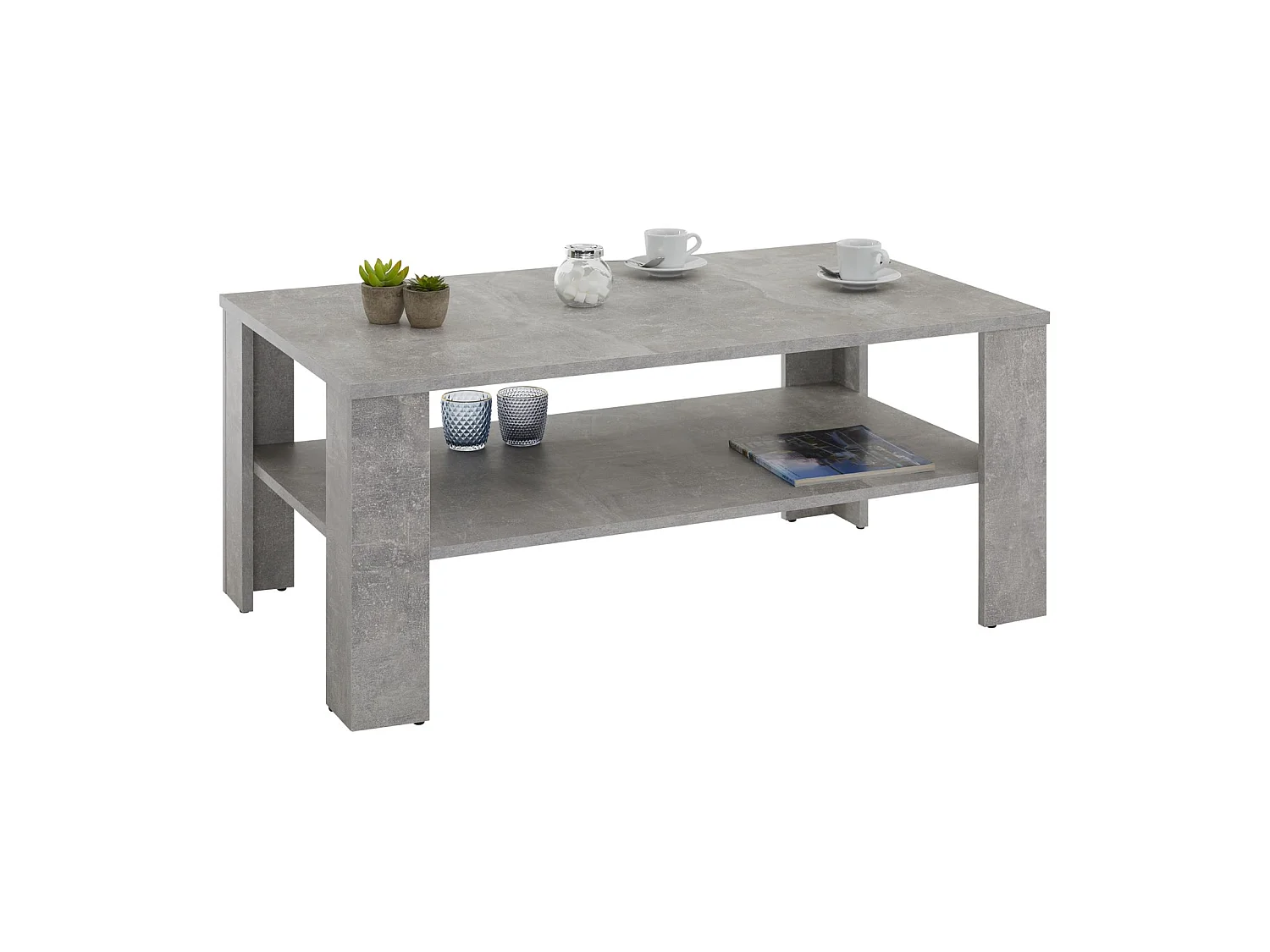 Table basse LORIENT, table de salon rectangulaire avec 1 étagère espace de rangement ouvert, en mélaminé décor béton