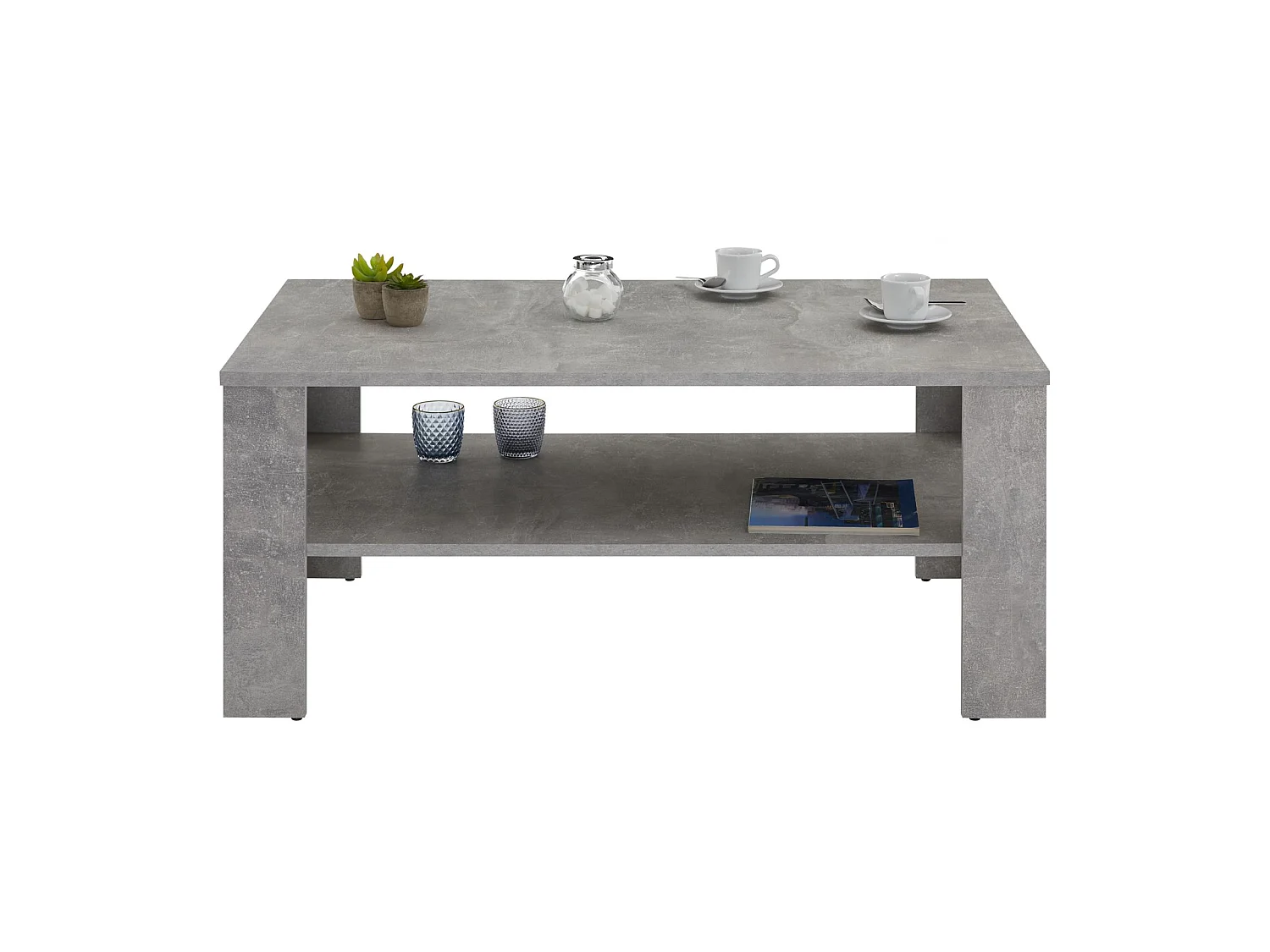 Table basse LORIENT, table de salon rectangulaire avec 1 étagère espace de rangement ouvert, en mélaminé décor béton